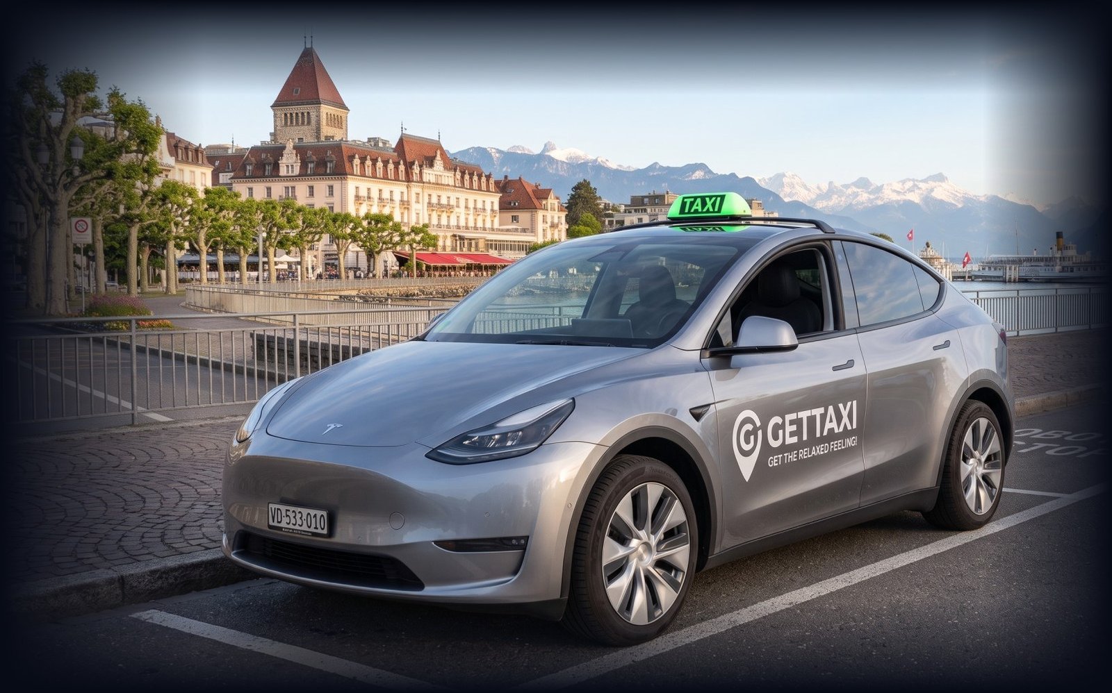 Taxi GetTaxi Tesla Model Y à Ouchy, Lausanne, au bord du lac Léman